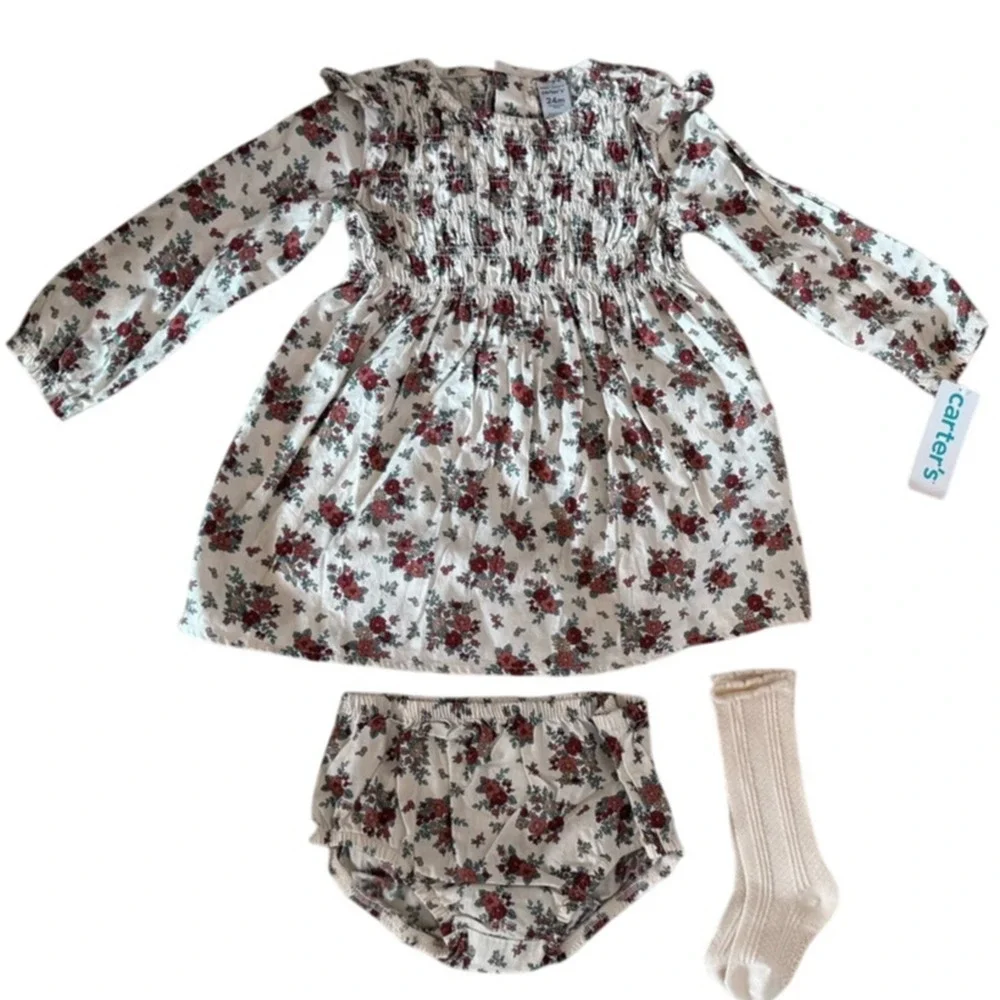 Carter’s Floral Dress Set 24M Baby Girl Long Sleeve Dress, Bloomers & Socks NWT